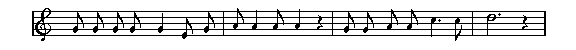 [notes: | g'  g' g'  g'  g  e' g' | a' a  a' a } | g' g' a'  a' ^c. ^c' | (^d). } |]